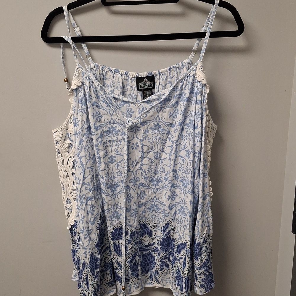 Angie Blue & White Lace Boho Off Shoulders Long Sleeve Vintage Design Flowy Top — image 6 of 6
